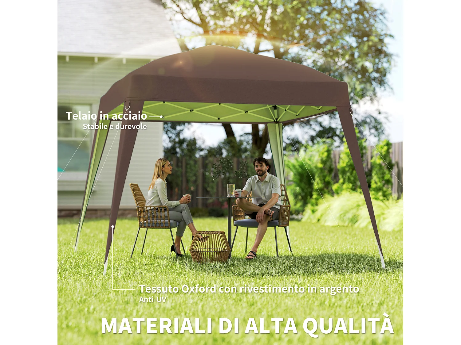 Gazebo pieghevole da giardino 2.4x2.4m in acciaio e poliestere caffè