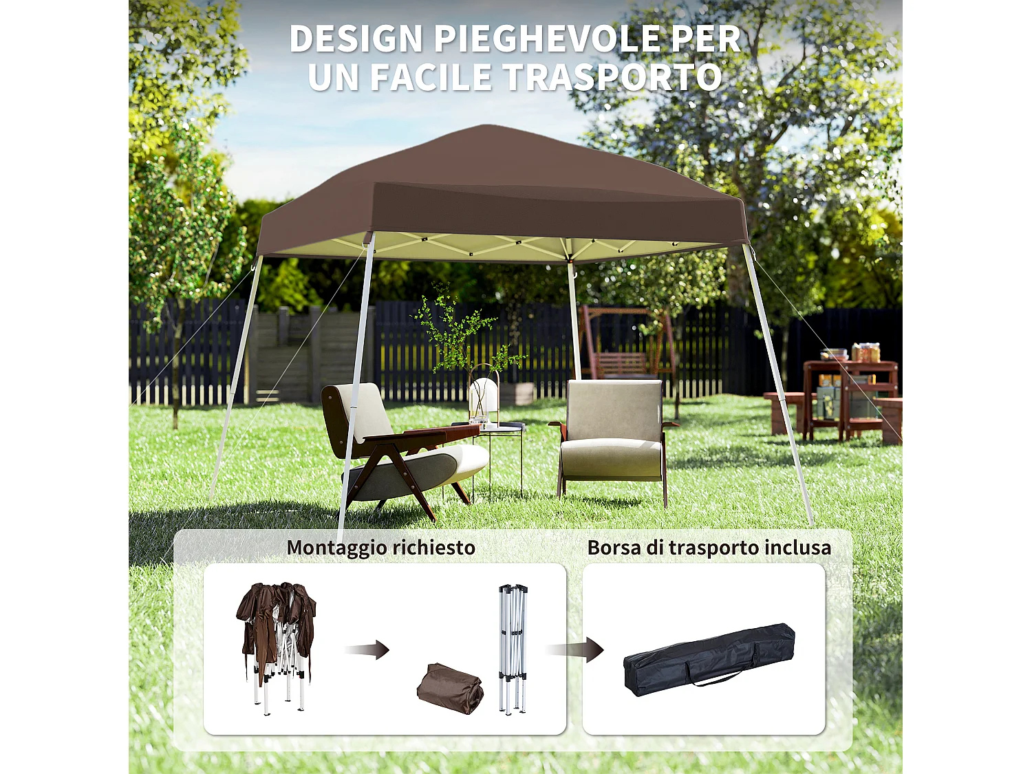 Gazebo pieghevole da giardino 2.4x2.4m in acciaio e poliestere caffè