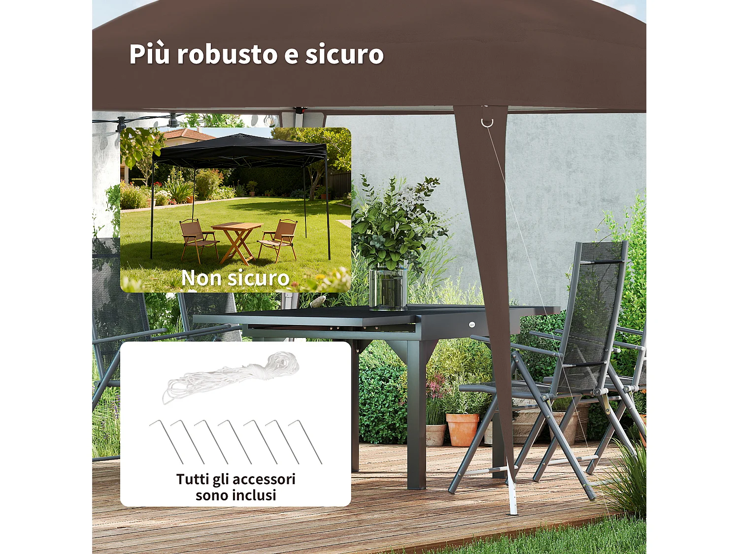 Gazebo pieghevole da giardino 2.4x2.4m in acciaio e poliestere caffè