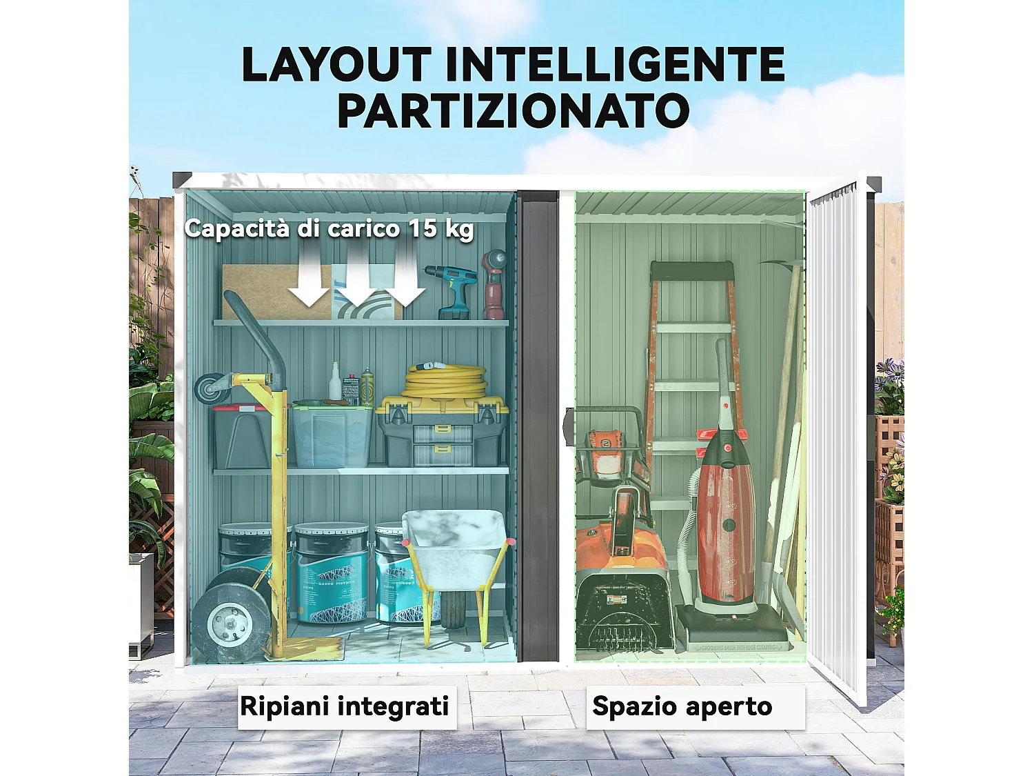 Capanno da giardino con 2 ripiani acciaio zincato grigio scuro