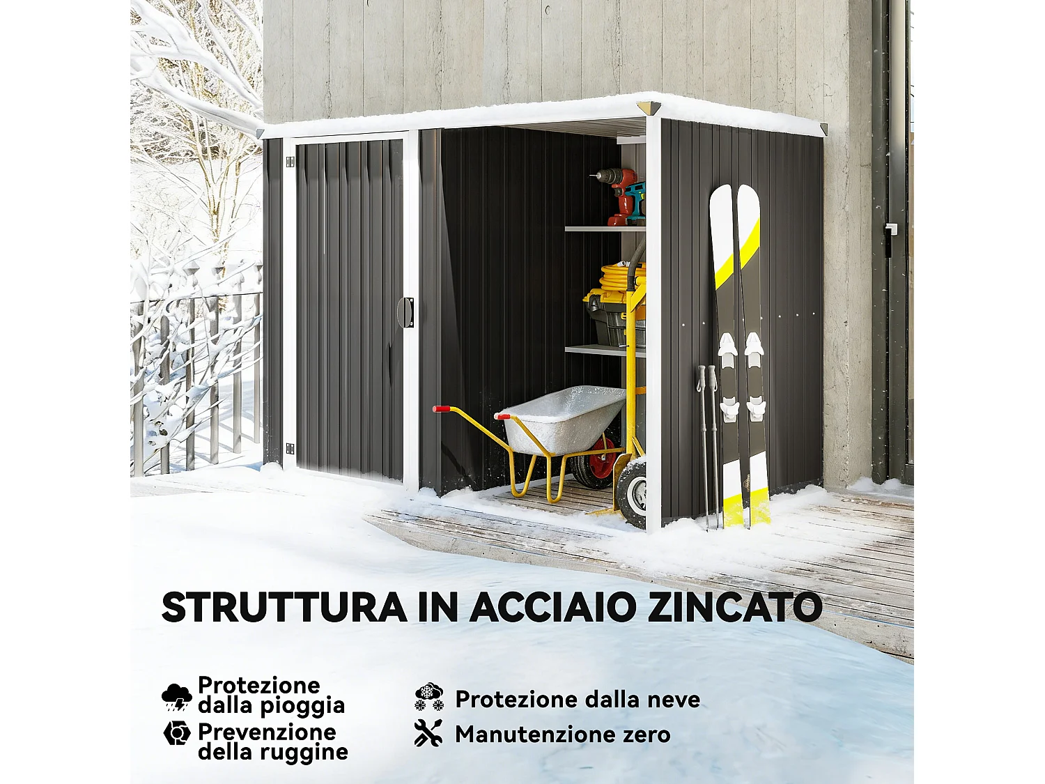 Capanno da giardino con 2 ripiani acciaio zincato grigio scuro