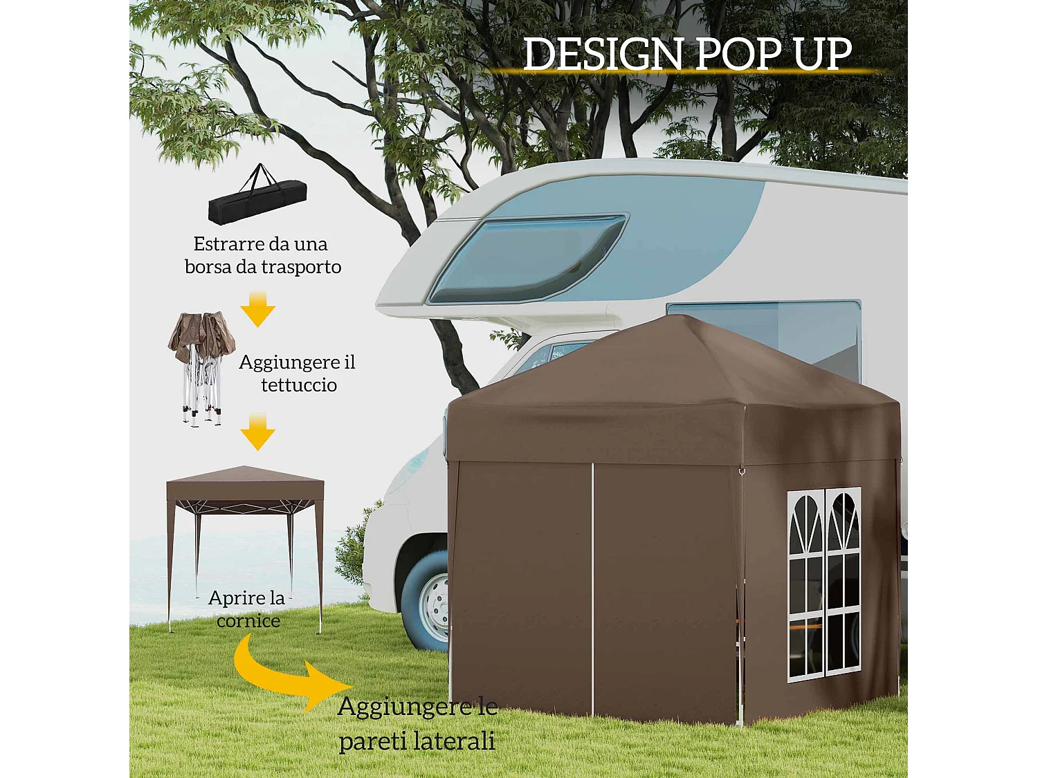 Gazebo da giardino 2x2 m in metallo e tessuto oxford marrone