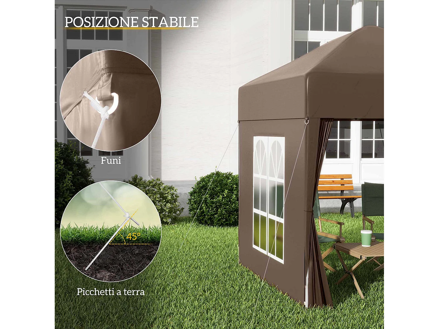 Gazebo da giardino 2x2 m in metallo e tessuto oxford marrone