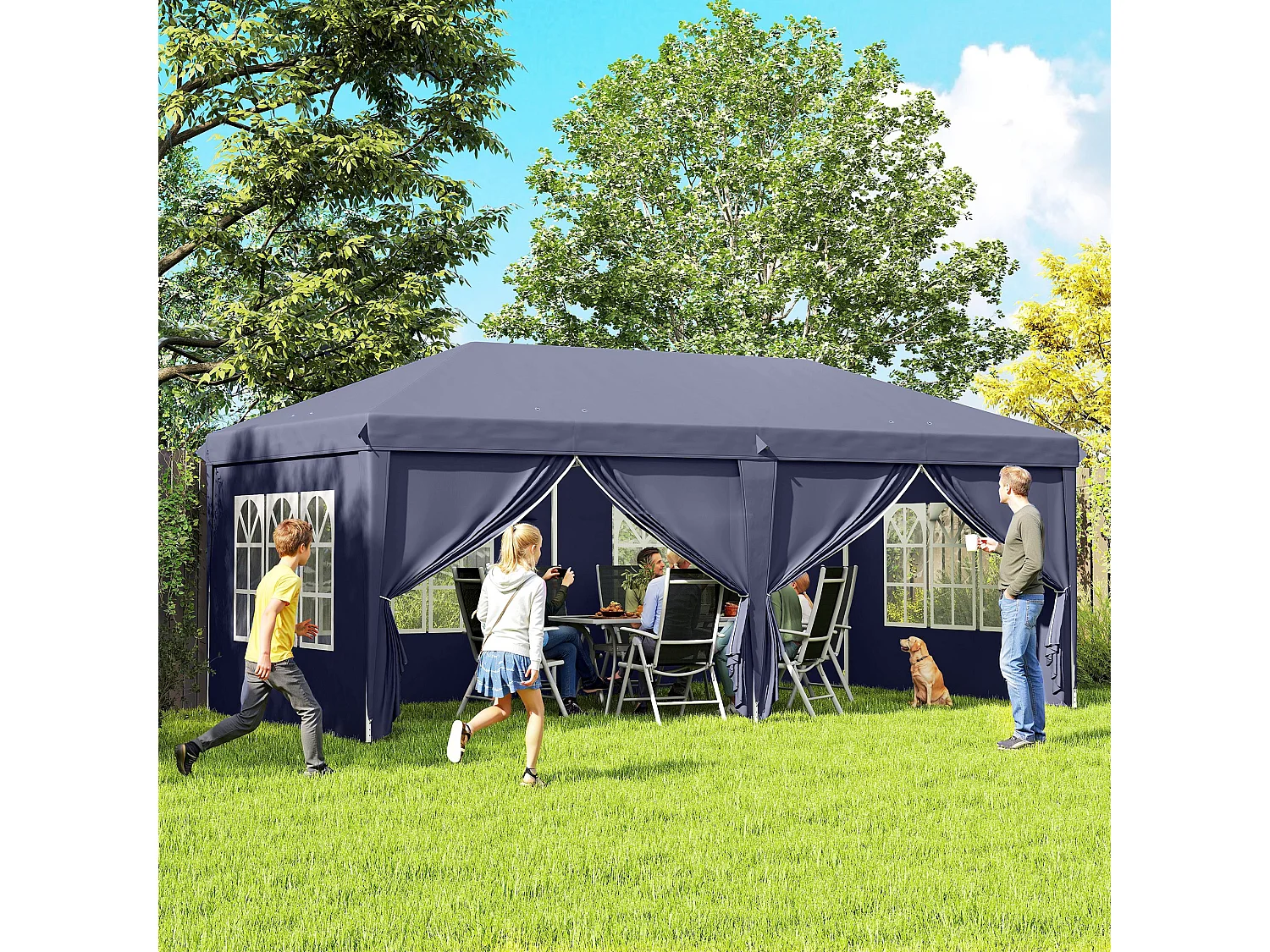 Gazebo pieghevole 6x3 m con 6 pannelli e finestre blu