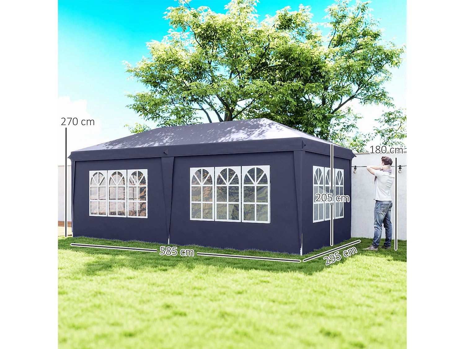 Gazebo pieghevole 6x3 m con 6 pannelli e finestre blu
