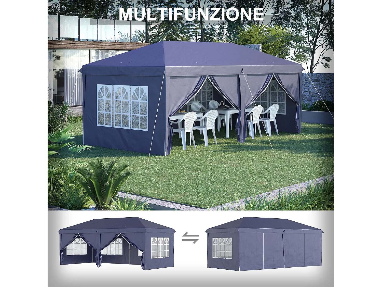 Gazebo pieghevole 6x3 m con 6 pannelli e finestre blu
