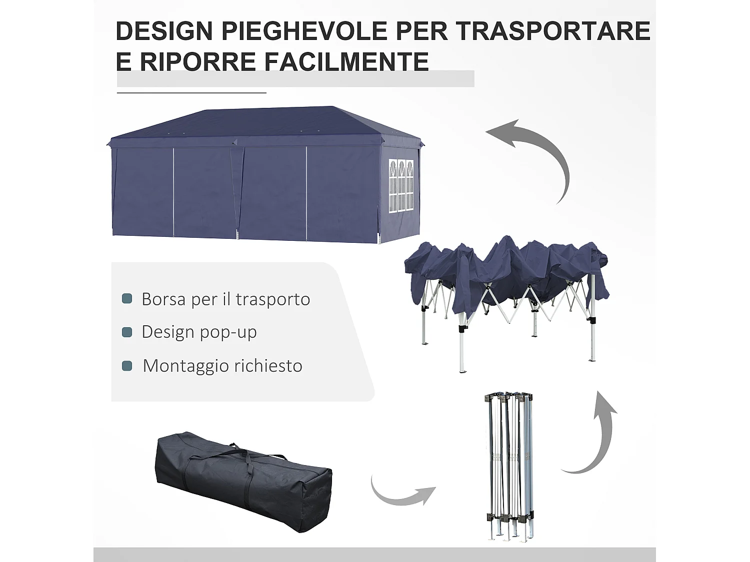 Gazebo pieghevole 6x3 m con 6 pannelli e finestre blu