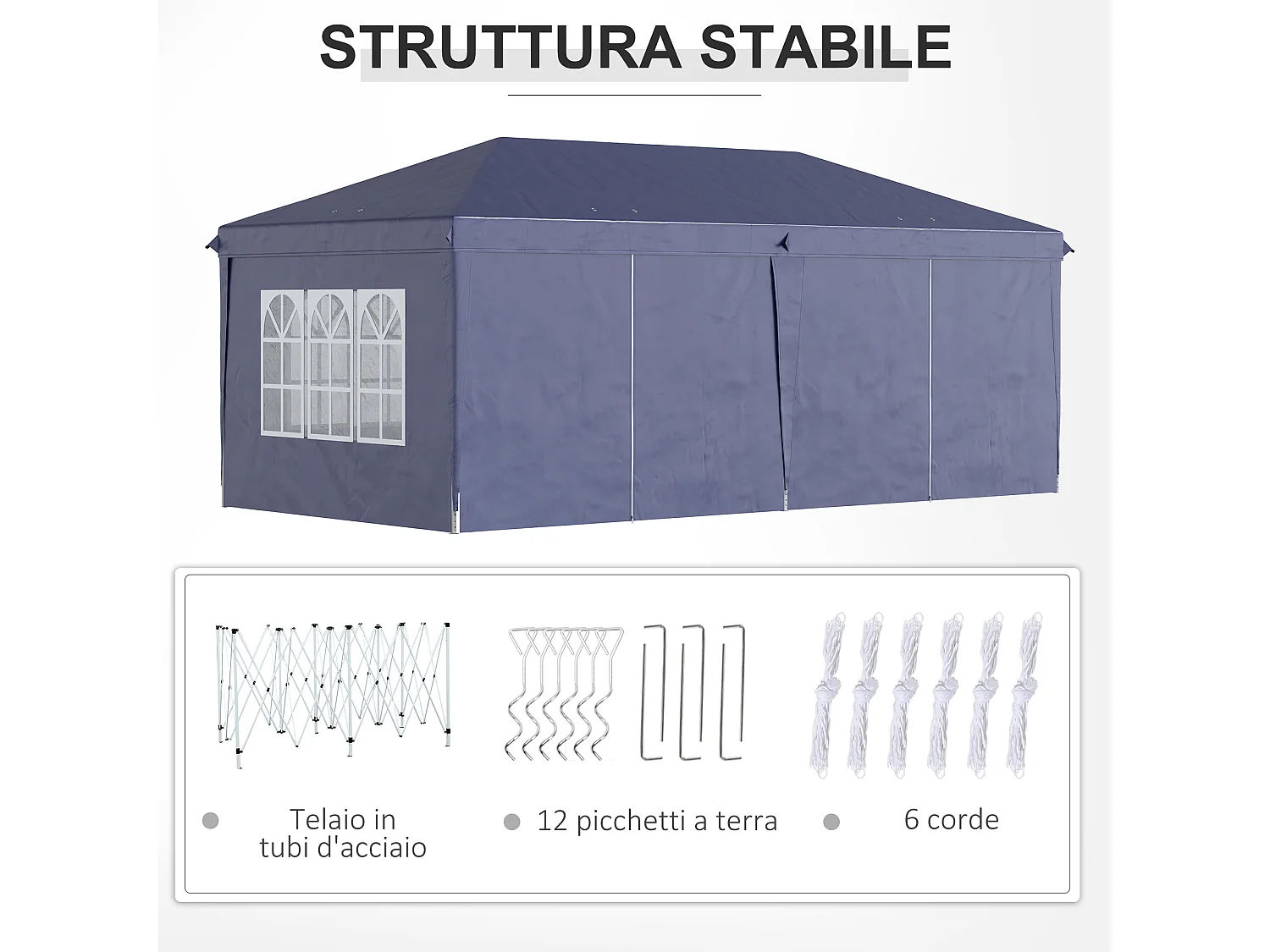 Gazebo pieghevole 6x3 m con 6 pannelli e finestre blu
