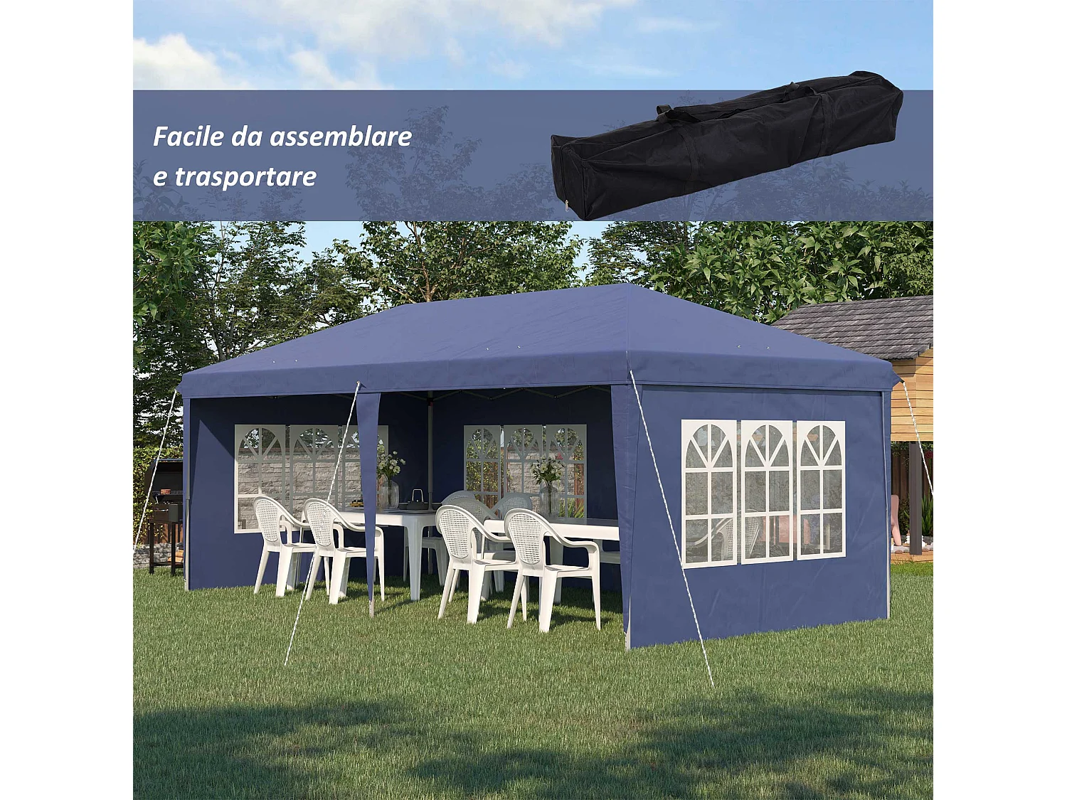 Gazebo da giardino 6x3 m con altezza regolabile blu