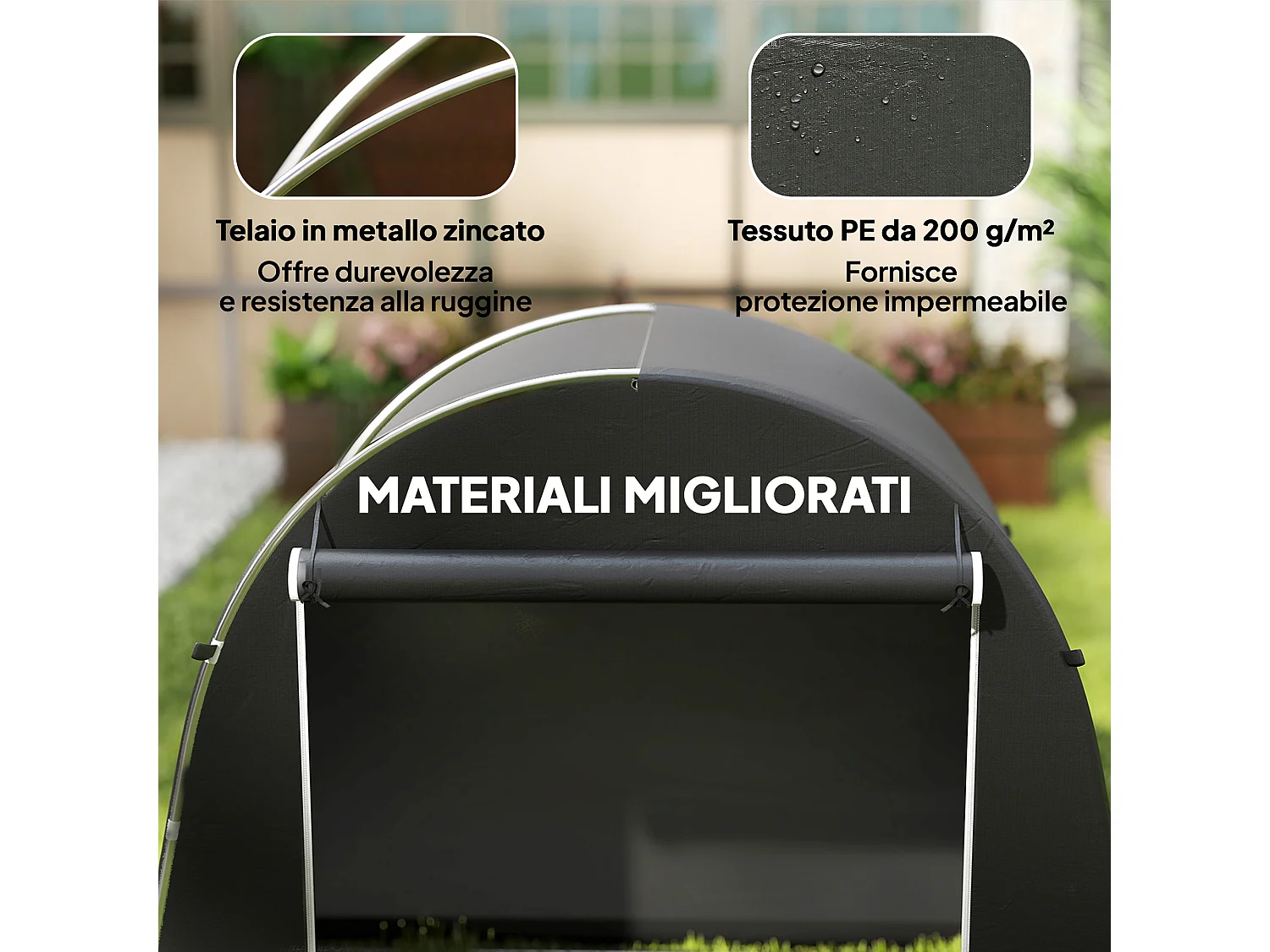 Tenda garage per biciclette e attrezzi con ingresso a zip grigio scuro