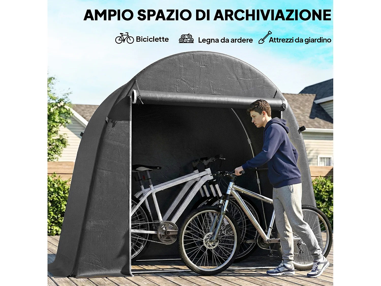 Tenda garage per biciclette e attrezzi con ingresso a zip grigio scuro