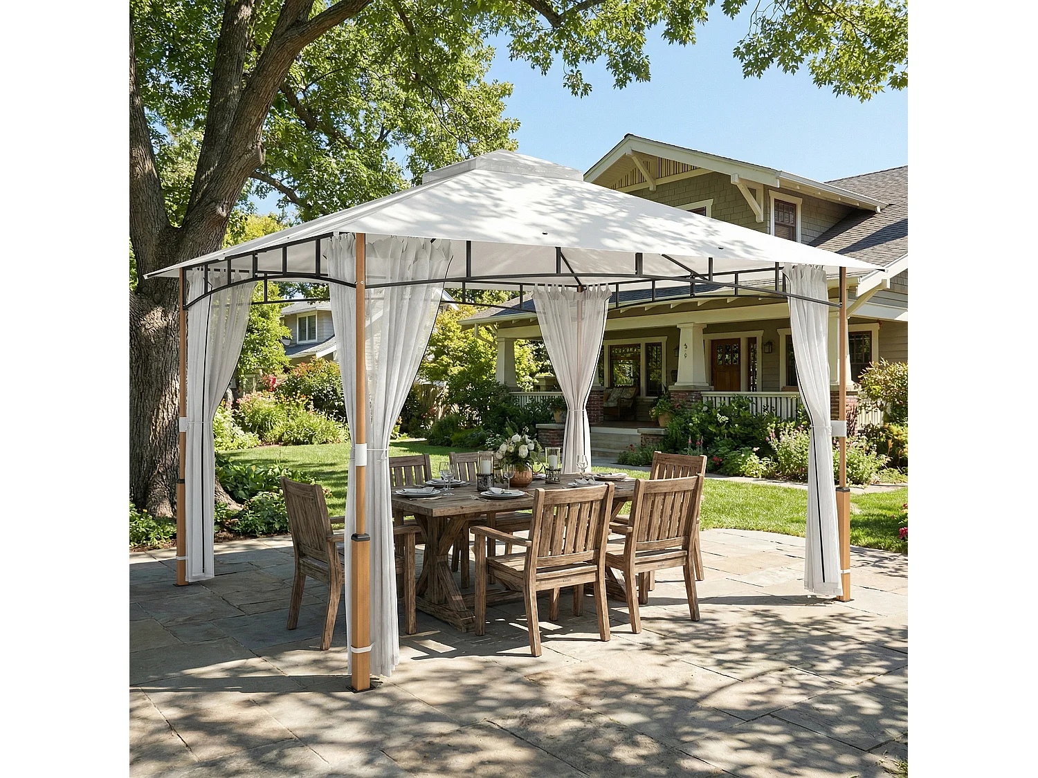 Gazebo da giardino tetto doppio struttura acciaio crema