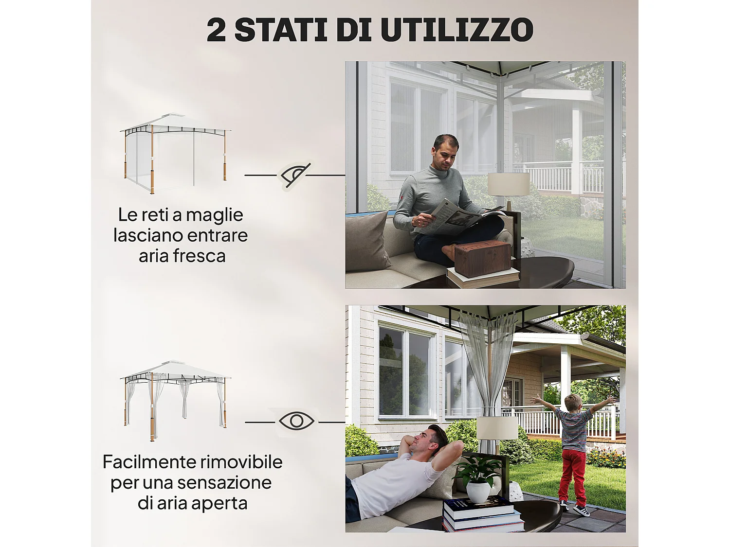 Gazebo da giardino tetto doppio struttura acciaio crema