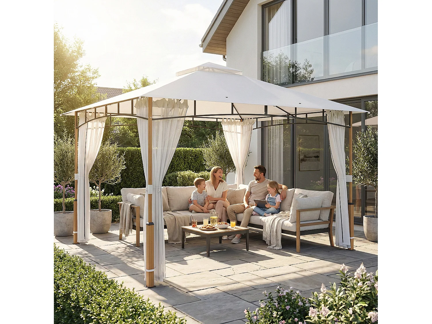 Gazebo da giardino tetto doppio struttura acciaio crema