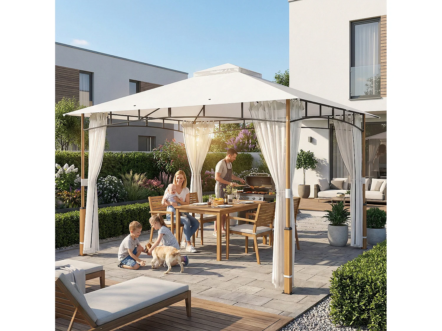 Gazebo da giardino tetto doppio struttura acciaio crema