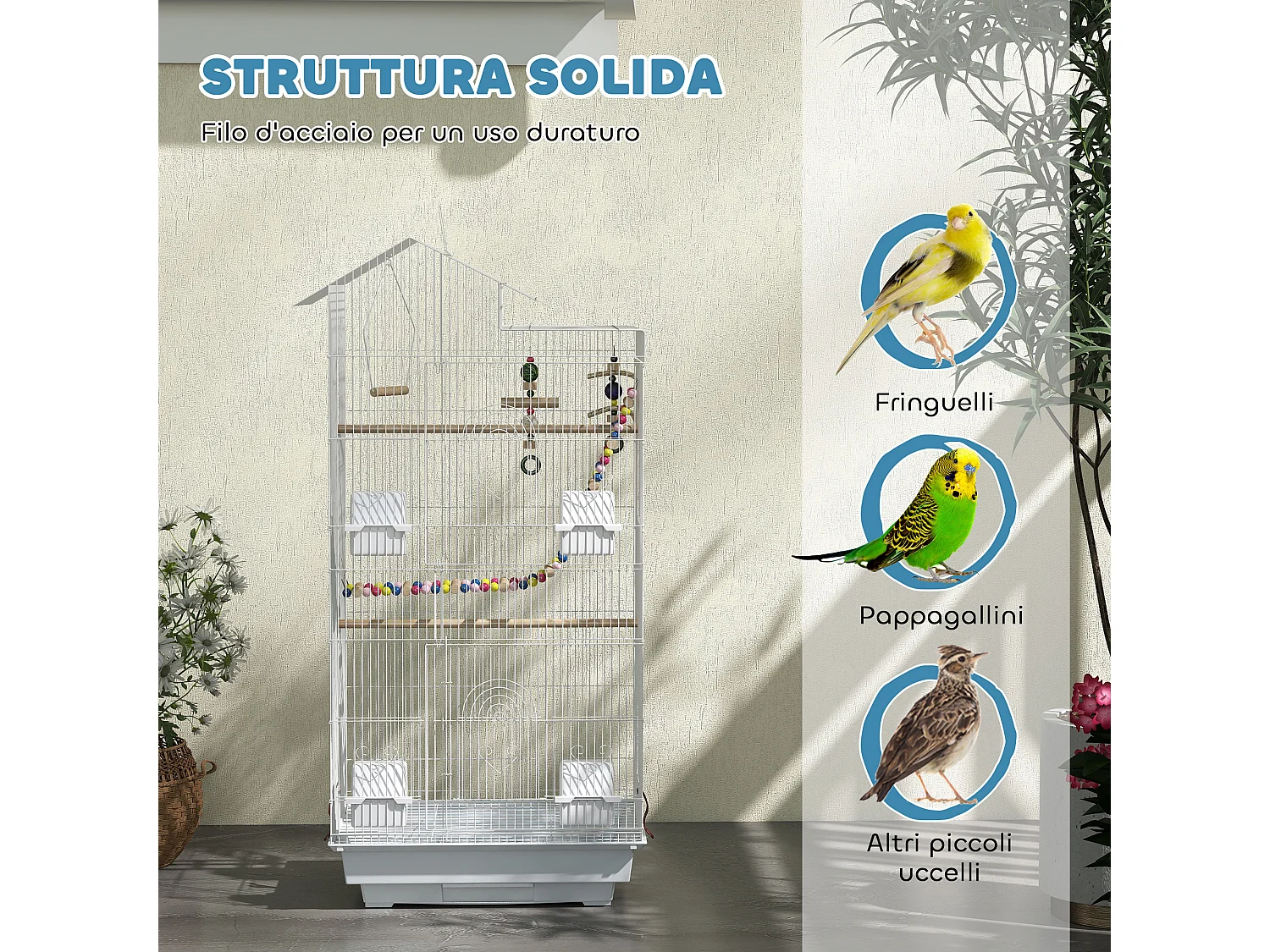 Voliera per uccelli con altalena e maniglia e accessori bianco