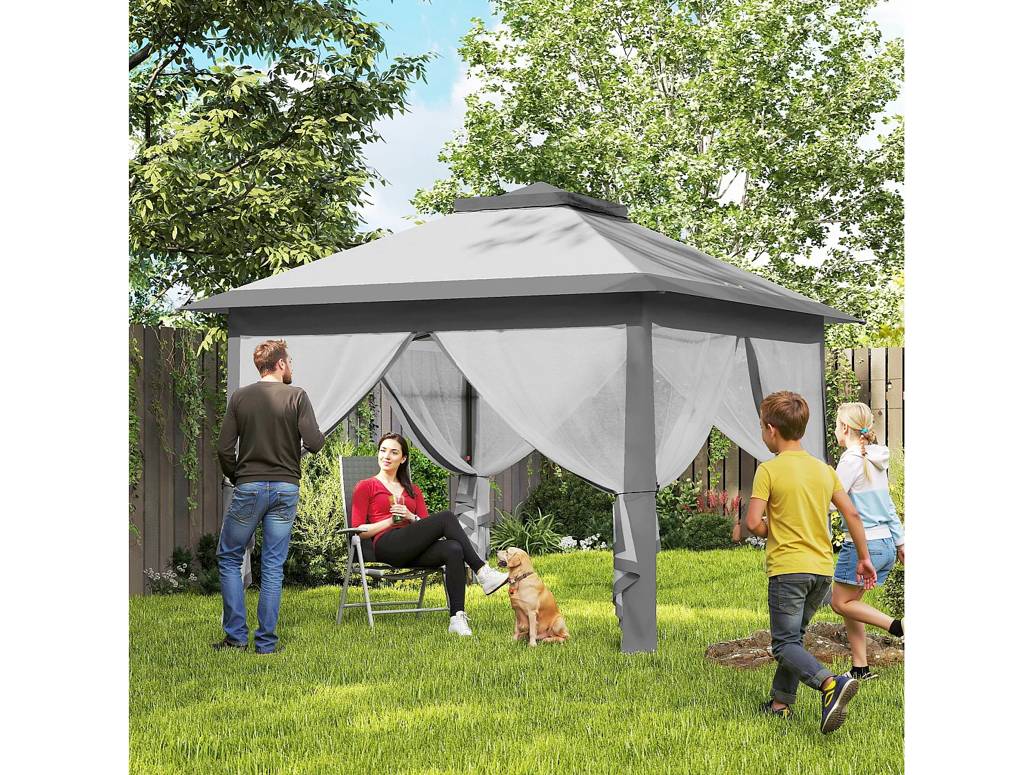 Gazebo da esterno regolabile in altezza con zanzariere grigio