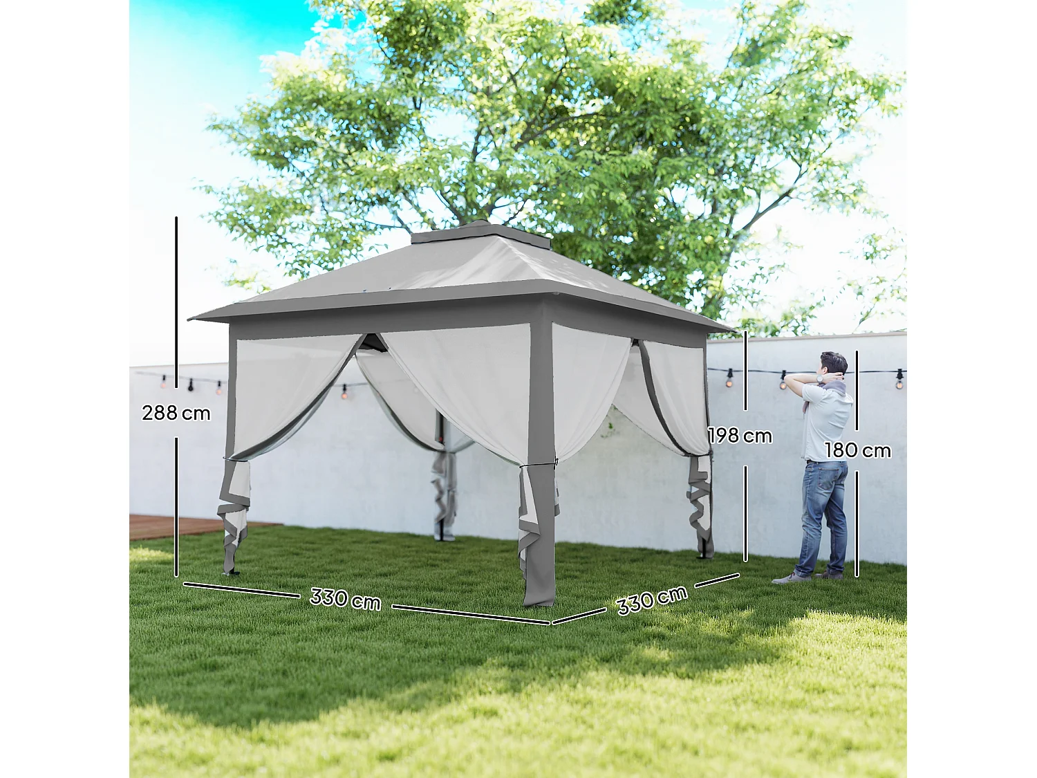 Gazebo da esterno regolabile in altezza con zanzariere grigio