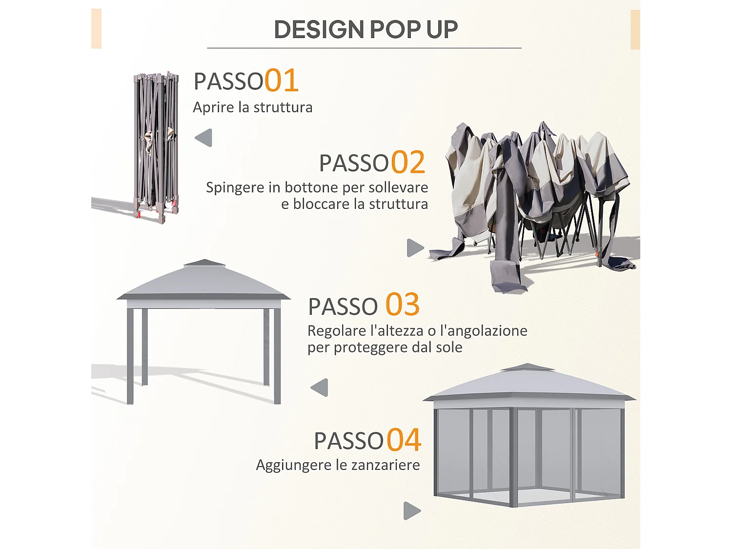 Gazebo da esterno regolabile in altezza con zanzariere grigio