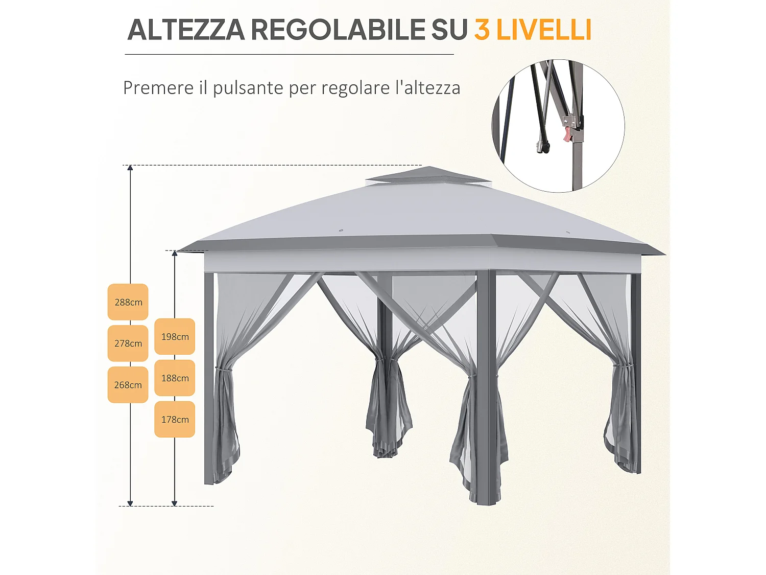 Gazebo da esterno regolabile in altezza con zanzariere grigio