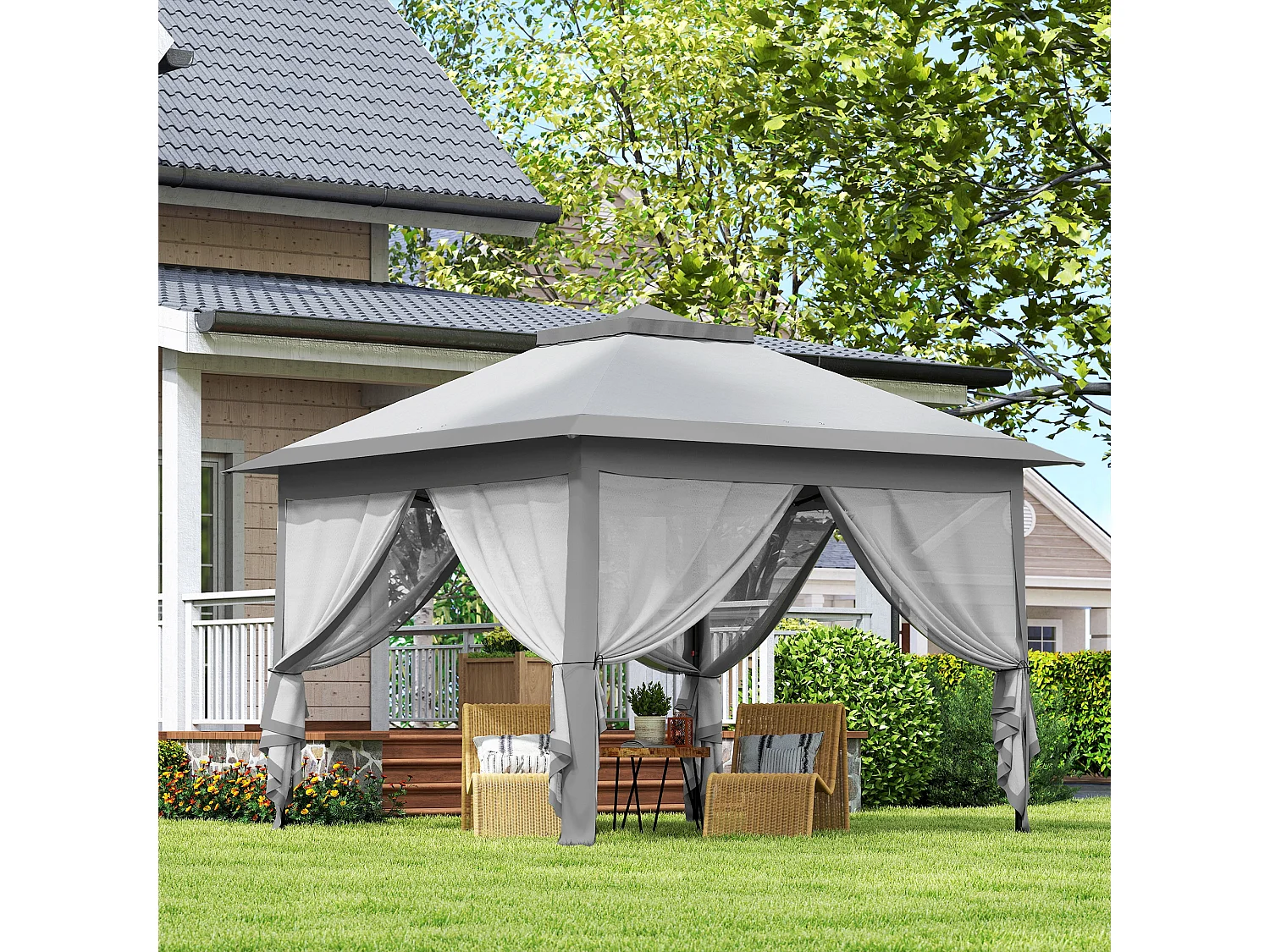 Gazebo da esterno regolabile in altezza con zanzariere grigio