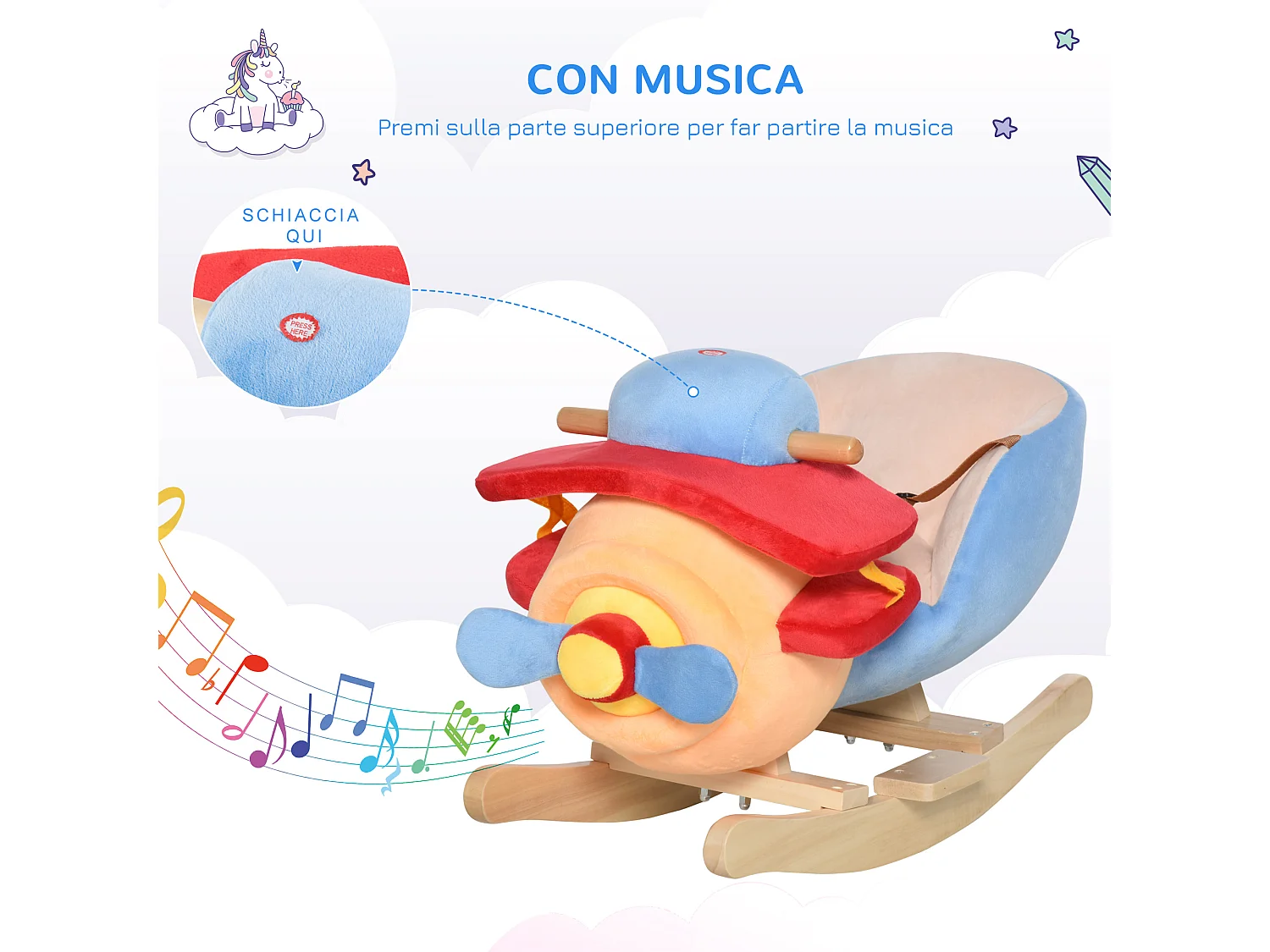 Dondolo a forma di Aeroplano per Bambini con Musica Legno Alamo
