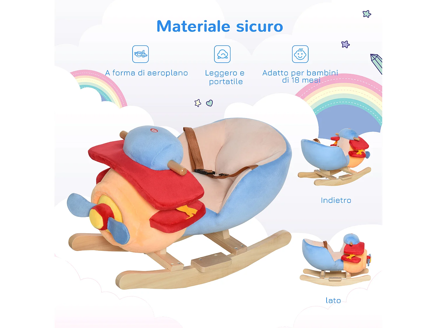 Dondolo a forma di Aeroplano per Bambini con Musica Legno Alamo