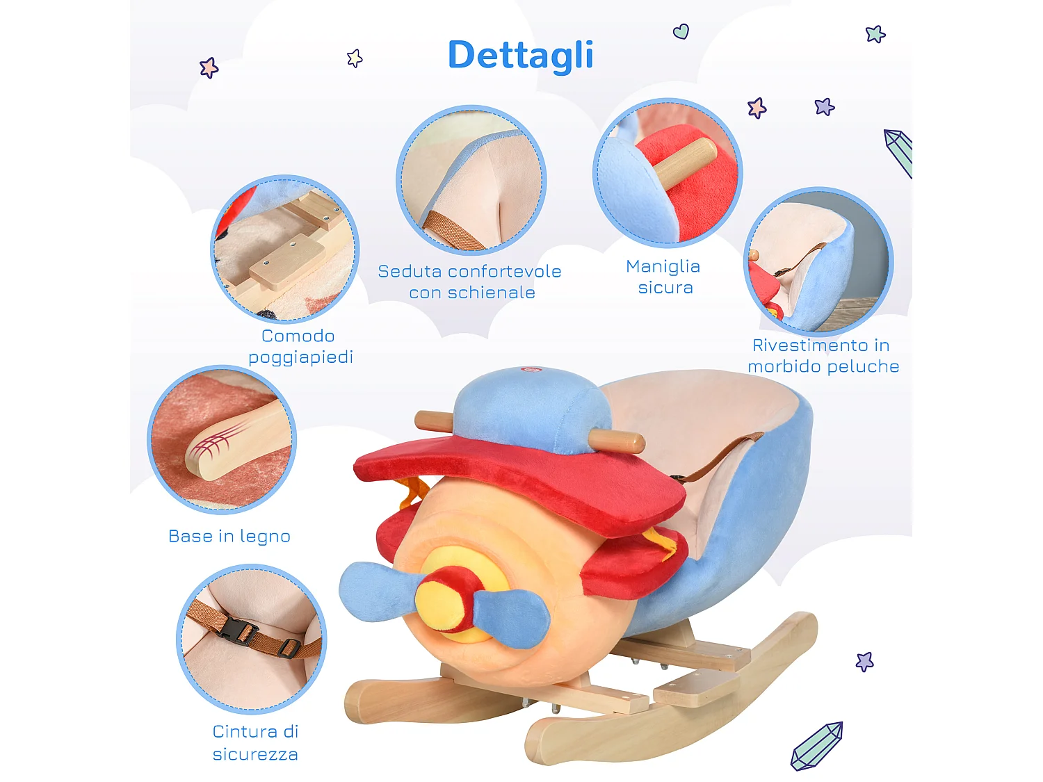 Dondolo a forma di Aeroplano per Bambini con Musica Legno Alamo