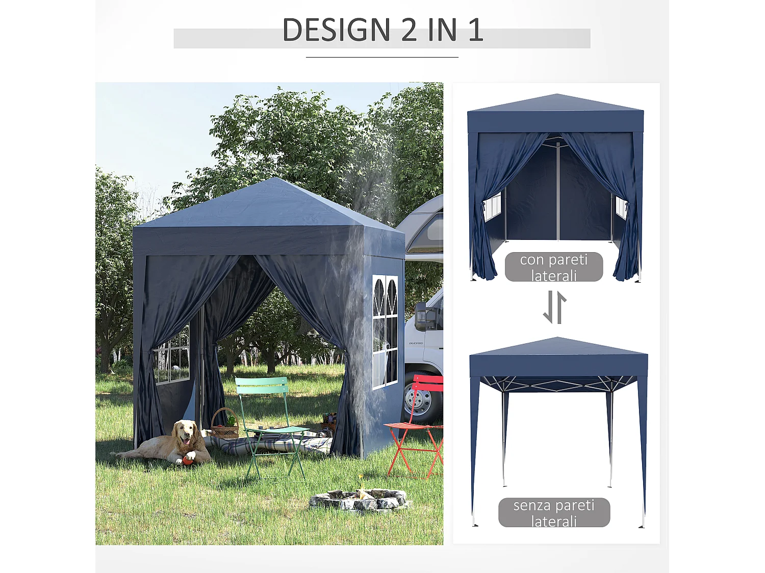 Gazebo pieghevole pop up 2x2 m con 4 pareti rimovibili blu