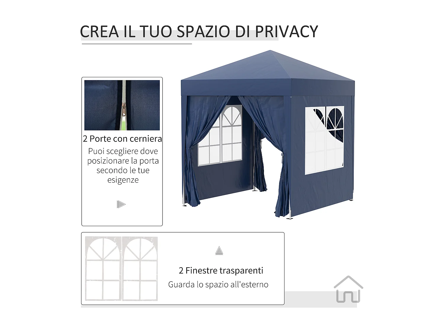 Gazebo pieghevole pop up 2x2 m con 4 pareti rimovibili blu