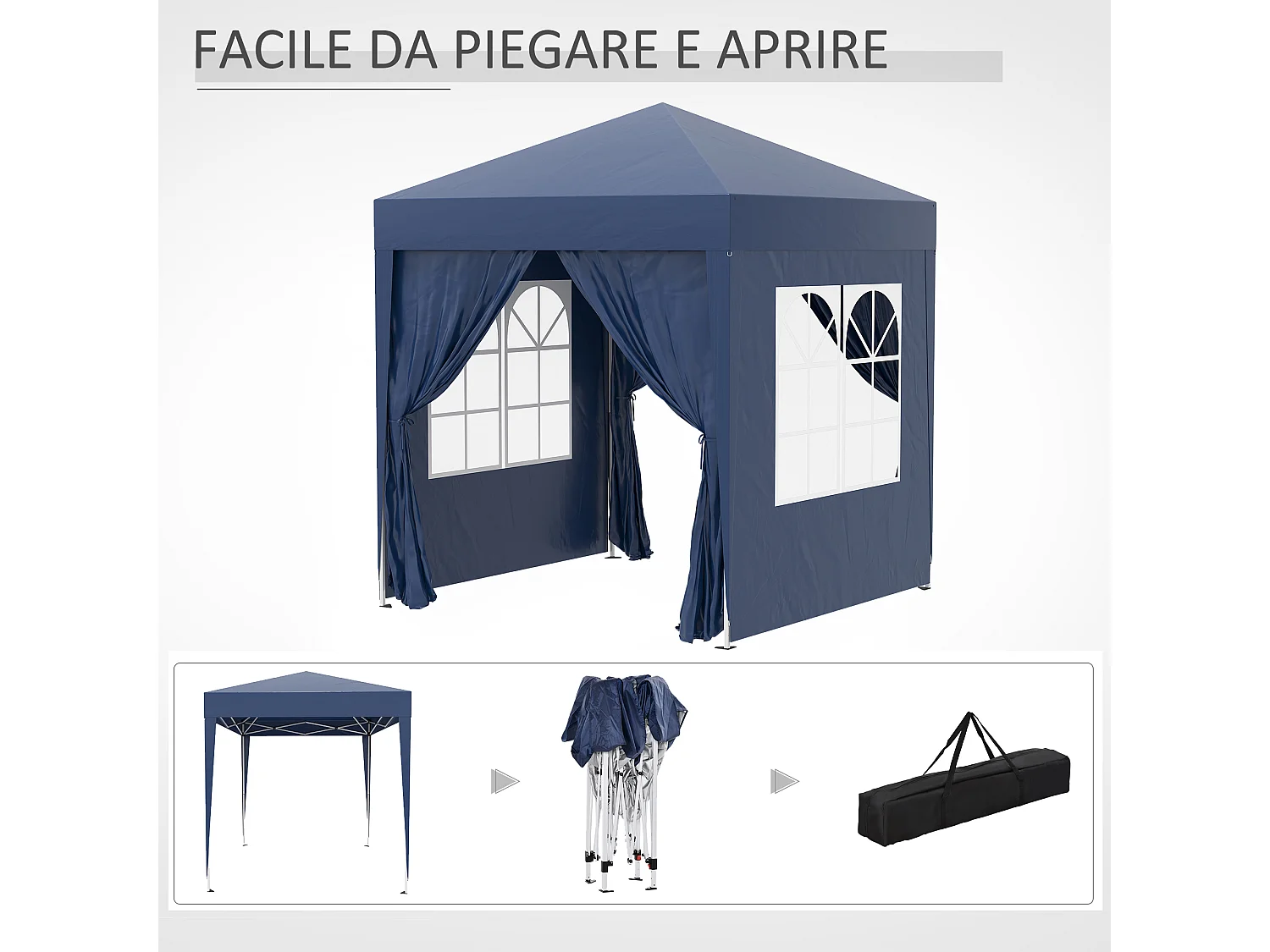 Gazebo pieghevole pop up 2x2 m con 4 pareti rimovibili blu