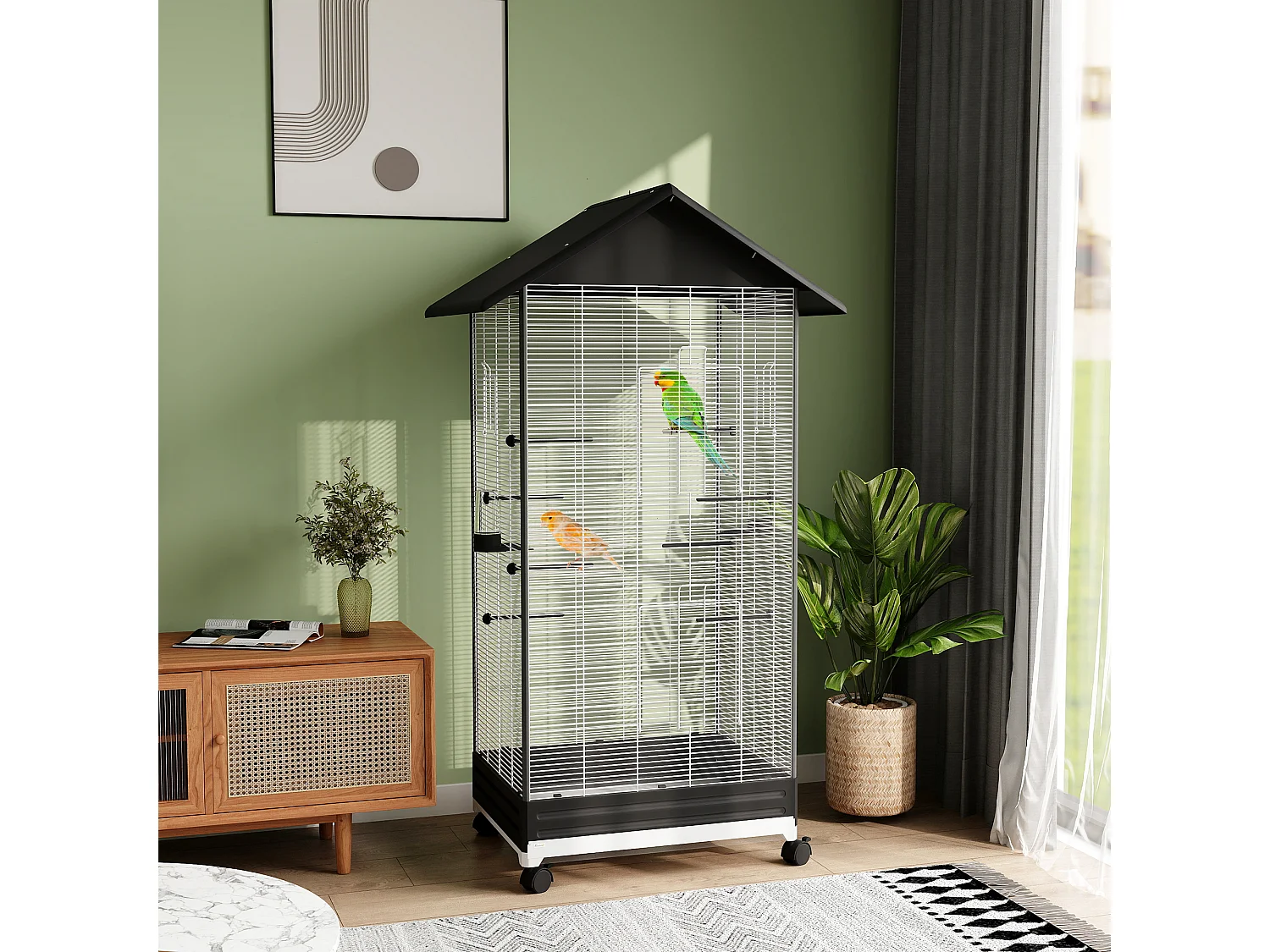 Gabbia per uccellini con ruote e vassoio estraibile alta 155cm nero