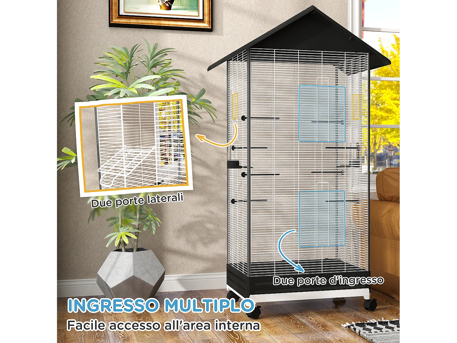Gabbia per uccellini con ruote e vassoio estraibile alta 155cm nero