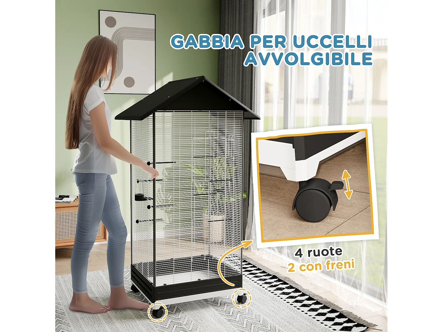 Gabbia per uccellini con ruote e vassoio estraibile alta 155cm nero