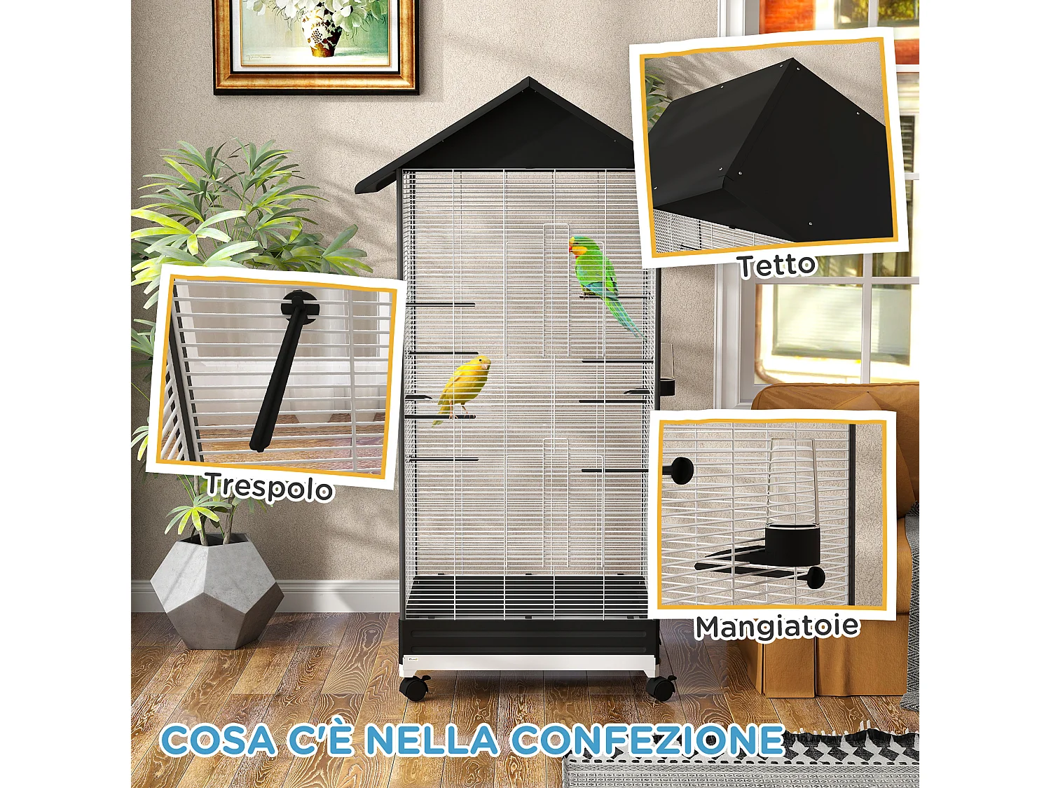 Gabbia per uccellini con ruote e vassoio estraibile alta 155cm nero