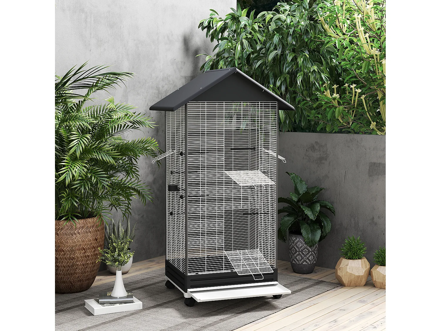 Gabbia per uccellini con ruote e vassoio estraibile alta 155cm nero
