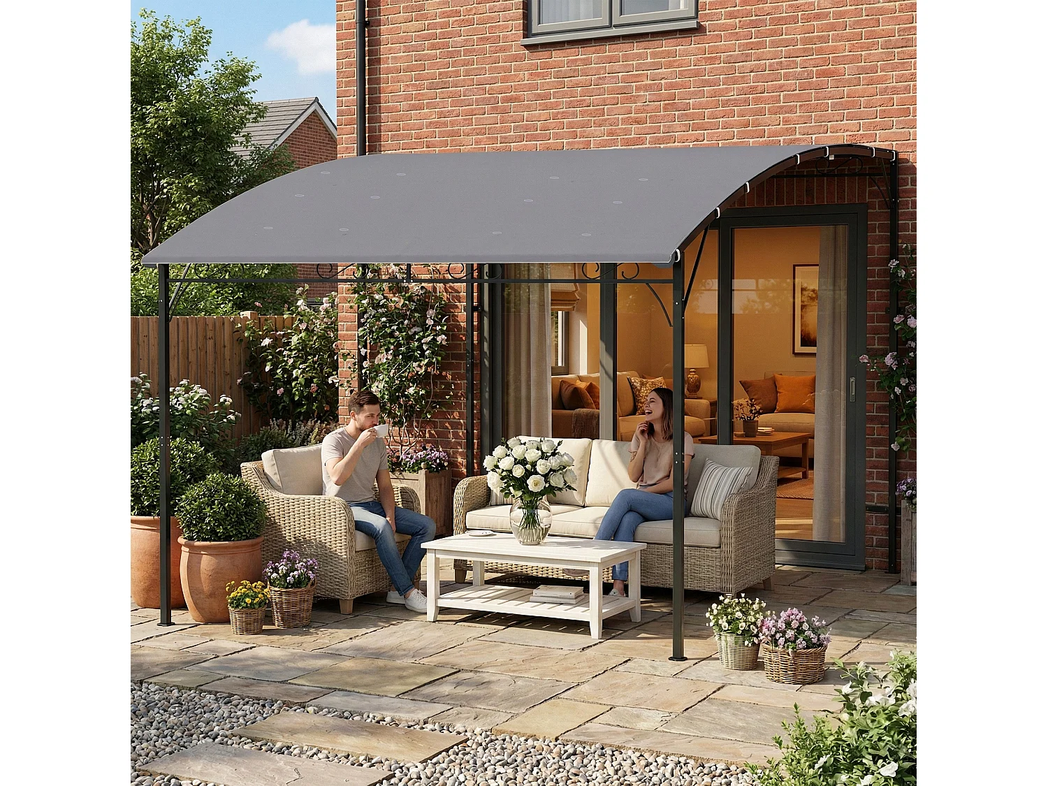 Gazebo pergola addossato con 16 fori di drenaggio 3.8x2.8 m grigio
