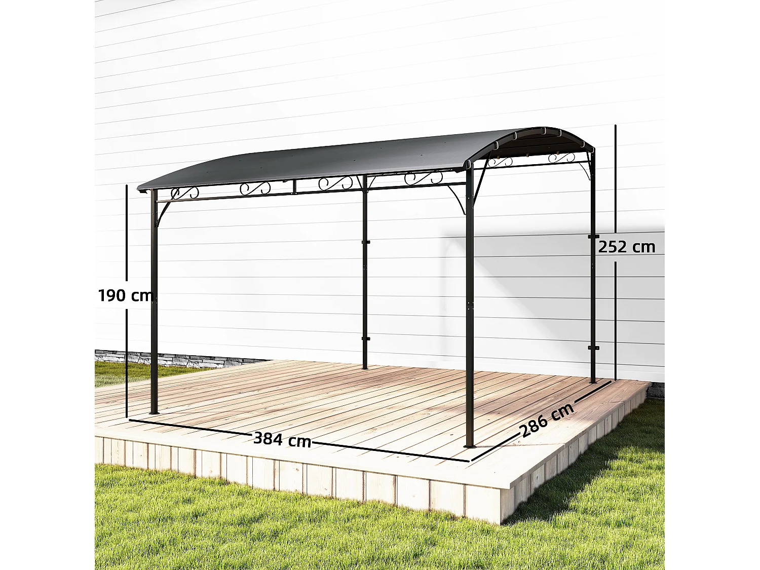 Gazebo pergola addossato con 16 fori di drenaggio 3.8x2.8 m grigio