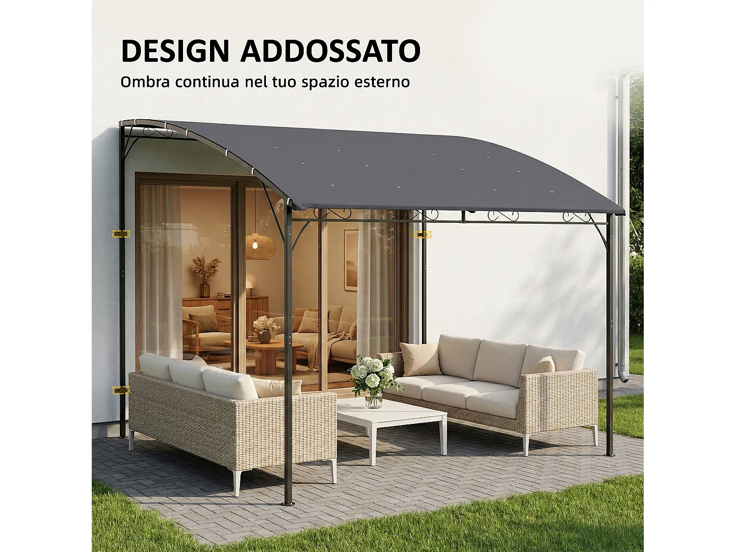 Gazebo pergola addossato con 16 fori di drenaggio 3.8x2.8 m grigio