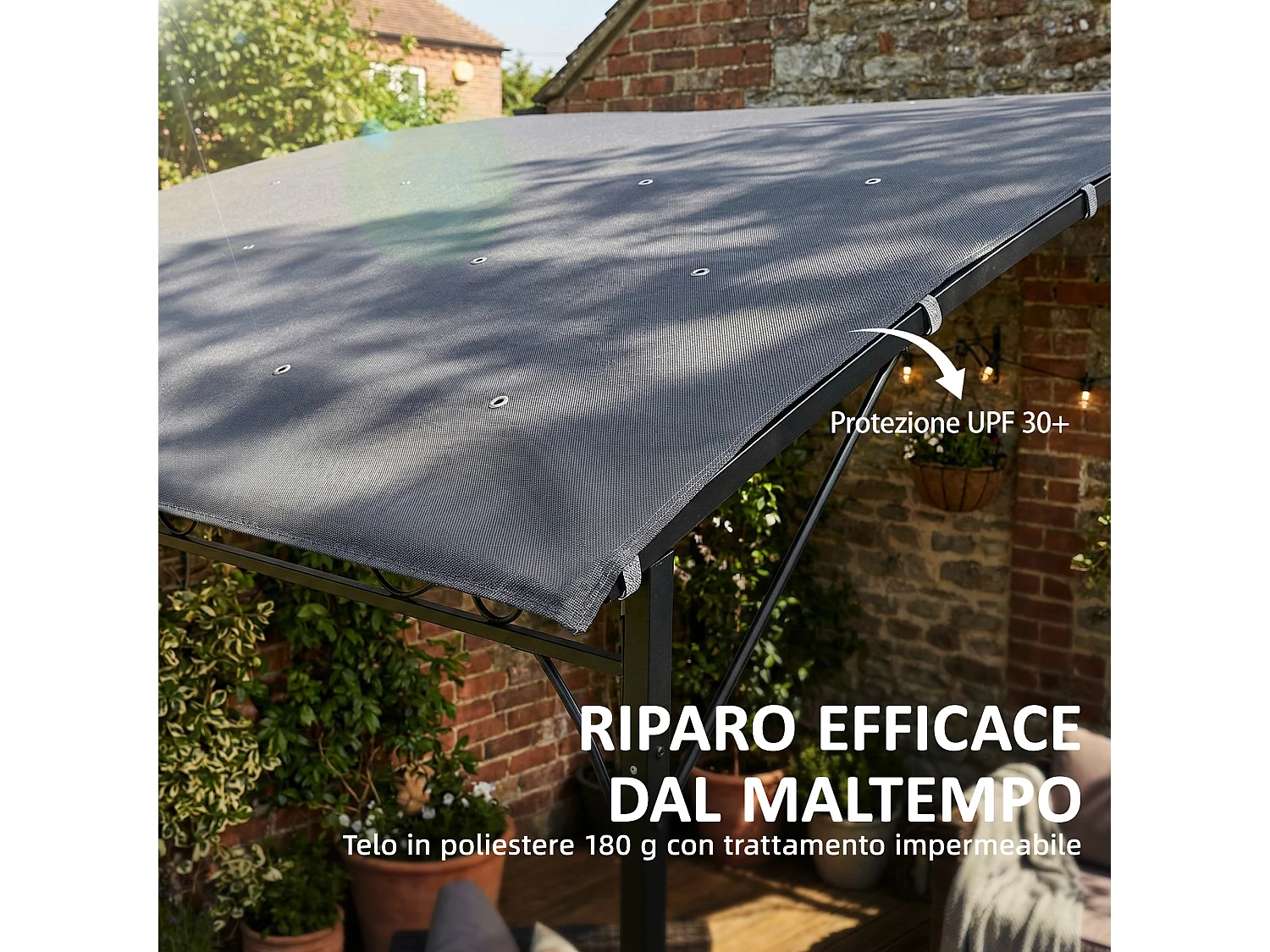 Gazebo pergola addossato con 16 fori di drenaggio 3.8x2.8 m grigio