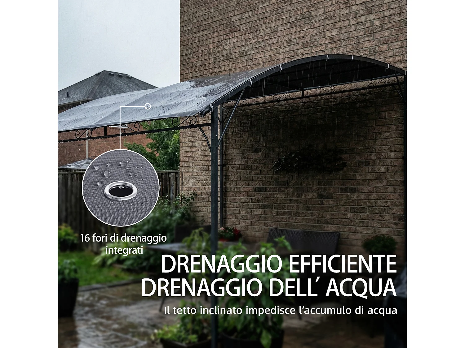 Gazebo pergola addossato con 16 fori di drenaggio 3.8x2.8 m grigio