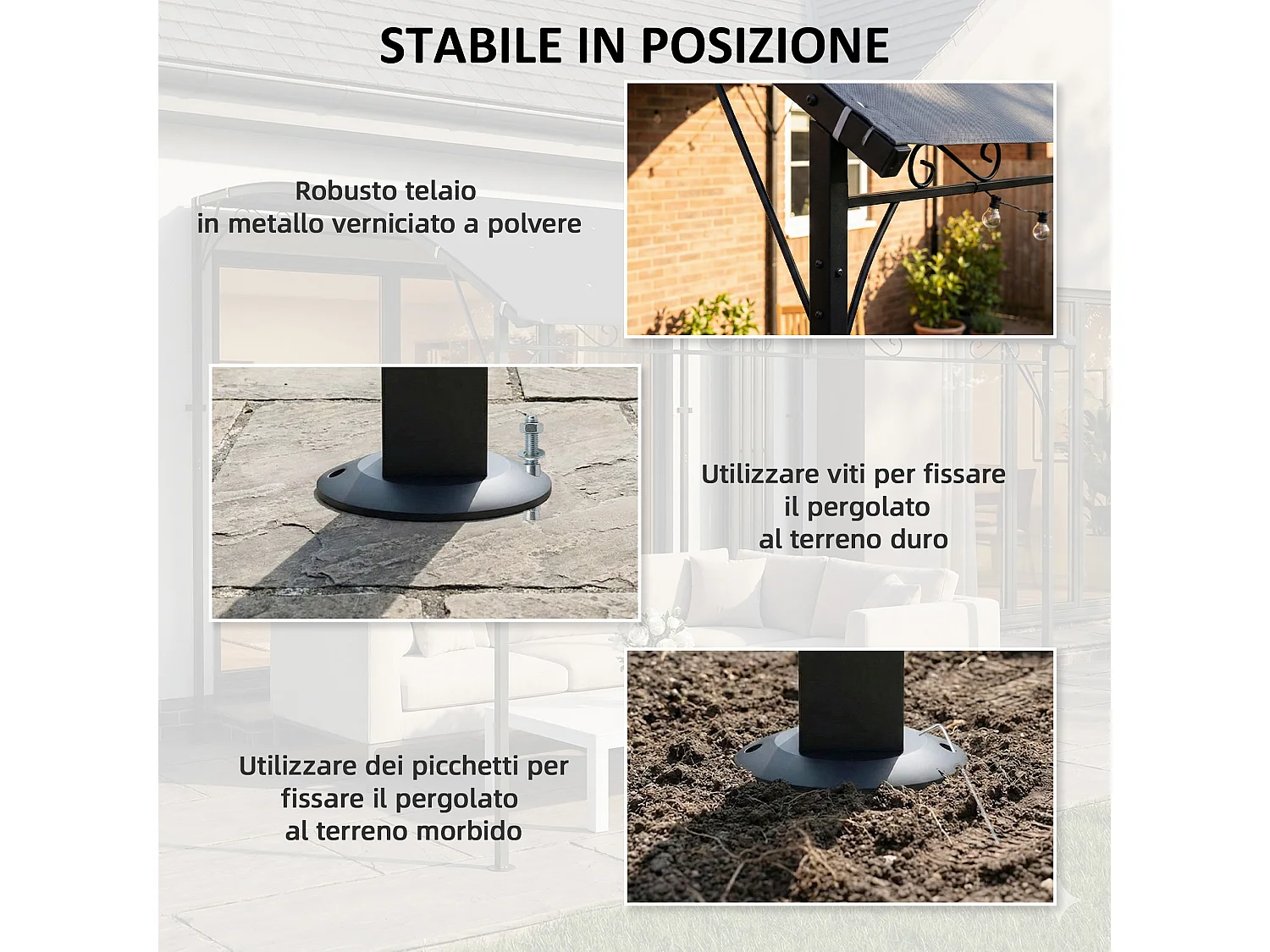 Gazebo pergola addossato con 16 fori di drenaggio 3.8x2.8 m grigio