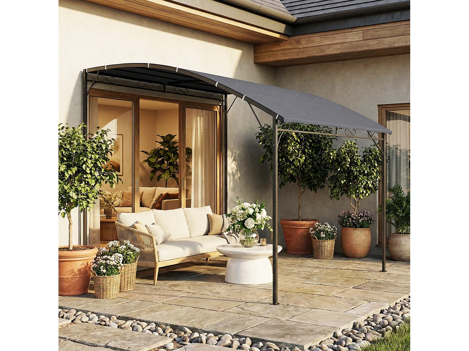 Gazebo pergola addossato con 16 fori di drenaggio 3.8x2.8 m grigio