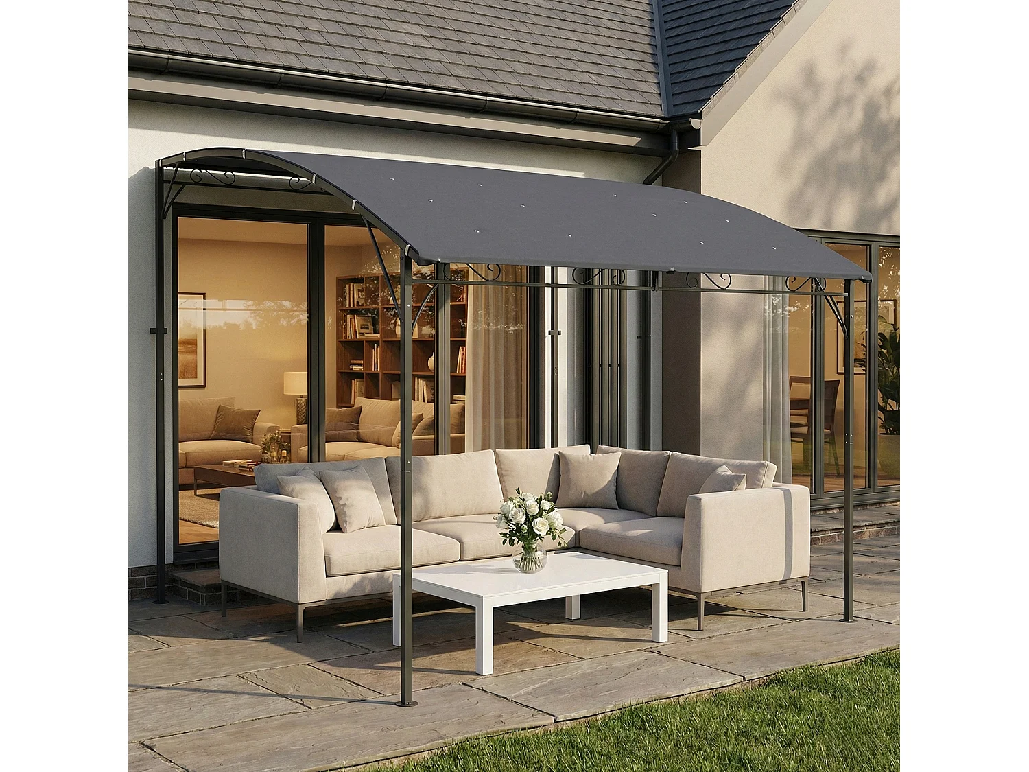 Gazebo pergola addossato con 16 fori di drenaggio 3.8x2.8 m grigio