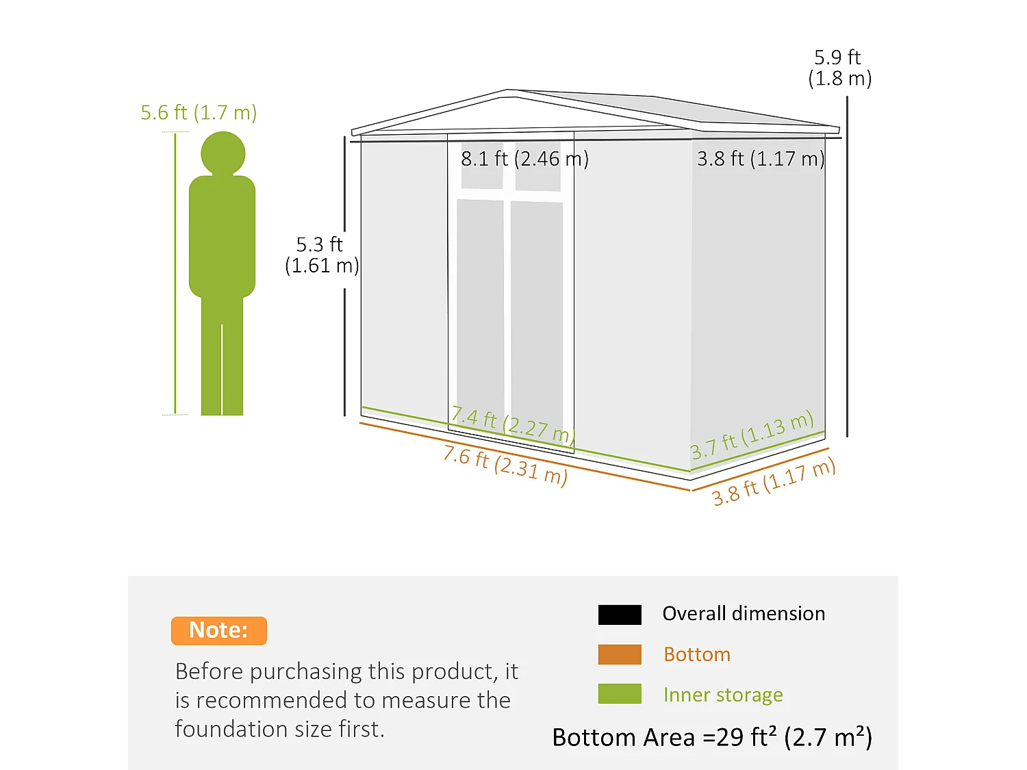 Capanno da giardino porta attrezzi con doppia porta grigio chiaro
