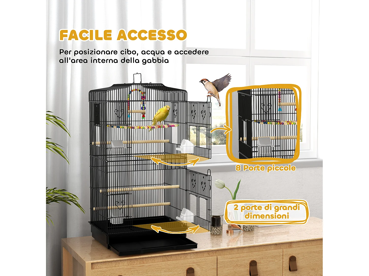 Gabbia per uccellini con vassoio estraibile e accessori nero