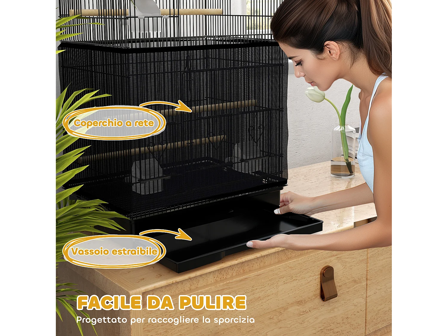 Gabbia per uccellini con vassoio estraibile e accessori nero