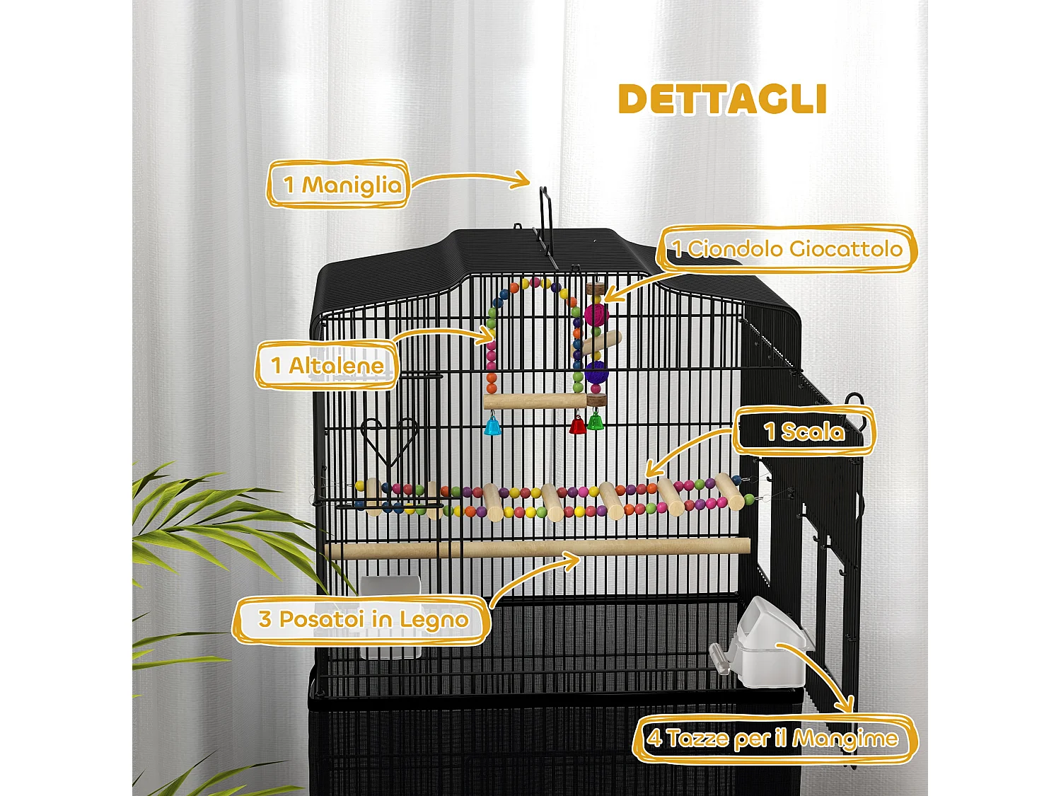 Gabbia per uccellini con vassoio estraibile e accessori nero