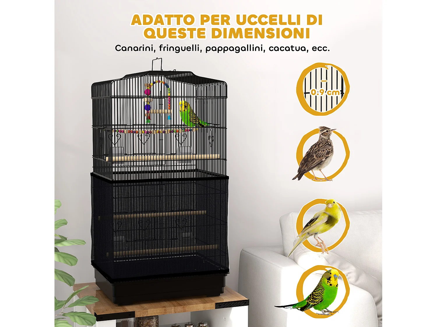 Gabbia per uccellini con vassoio estraibile e accessori nero