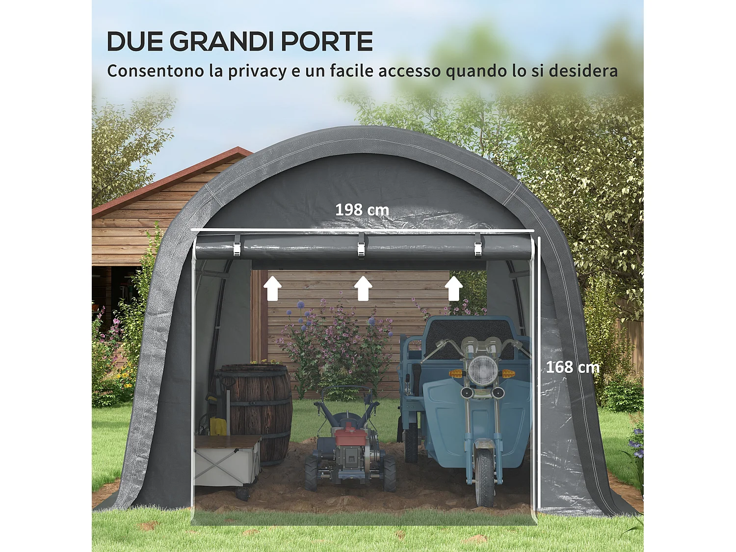 Tendone da giardino con 2 ingressi a zip e copertura rinforzata grigio